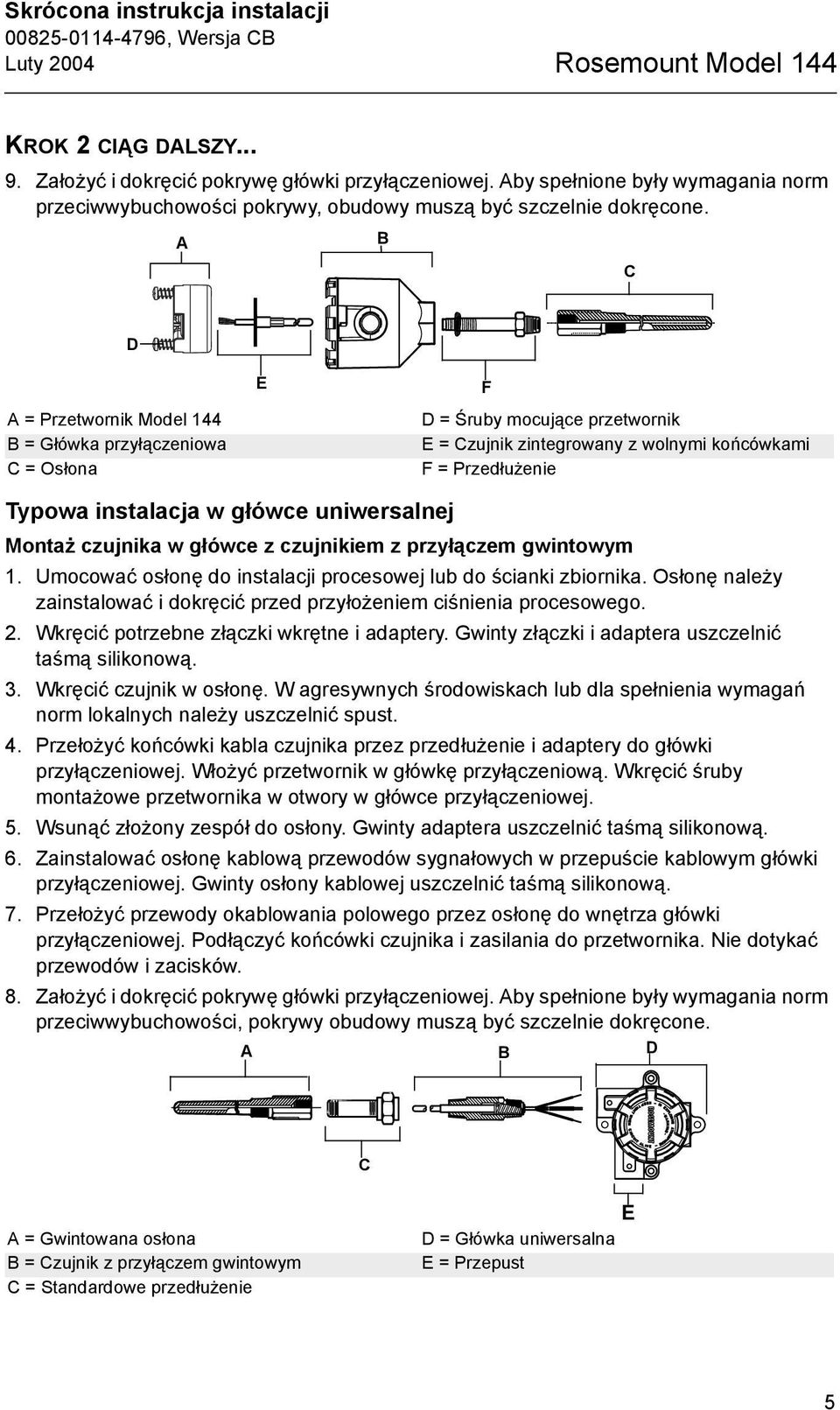 A B C D A = Przetwornik Model 144 B = Główka przyłączeniowa C = Osłona E F D = Śruby mocujące przetwornik E = Czujnik zintegrowany z wolnymi końcówkami F = Przedłużenie Typowa instalacja w główce