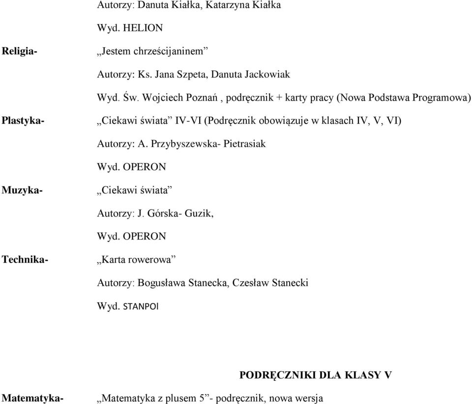 VI) Autorzy: A. Przybyszewska- Pietrasiak Wyd. OPERON Muzyka- Ciekawi świata Autorzy: J. Górska- Guzik, Wyd.