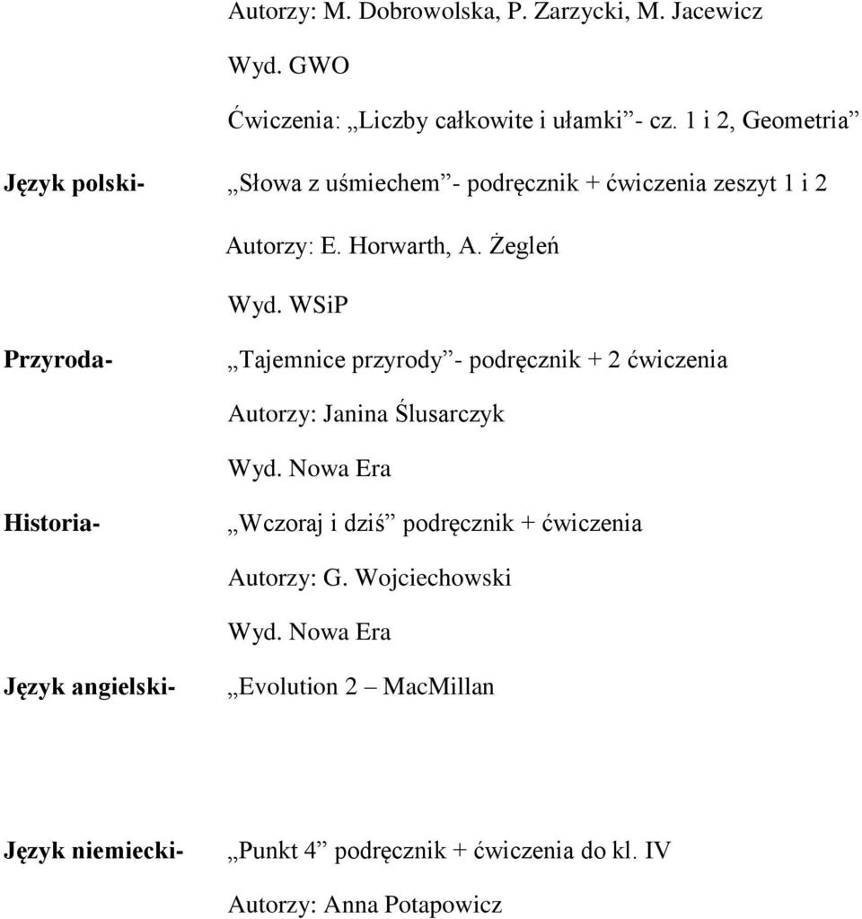 WSiP Przyroda- Tajemnice przyrody - podręcznik + 2 ćwiczenia Autorzy: Janina Ślusarczyk Historia- Wczoraj i dziś podręcznik +