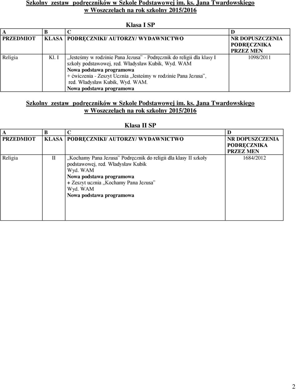 WAM - Zeszyt Ucznia Jesteśmy w rodzinie Pana Jezusa, red. Władysław Kubik, Wyd. WAM. 1098/2011 Szkolny zestaw podręczników w Szkole Podstawowej im. ks.