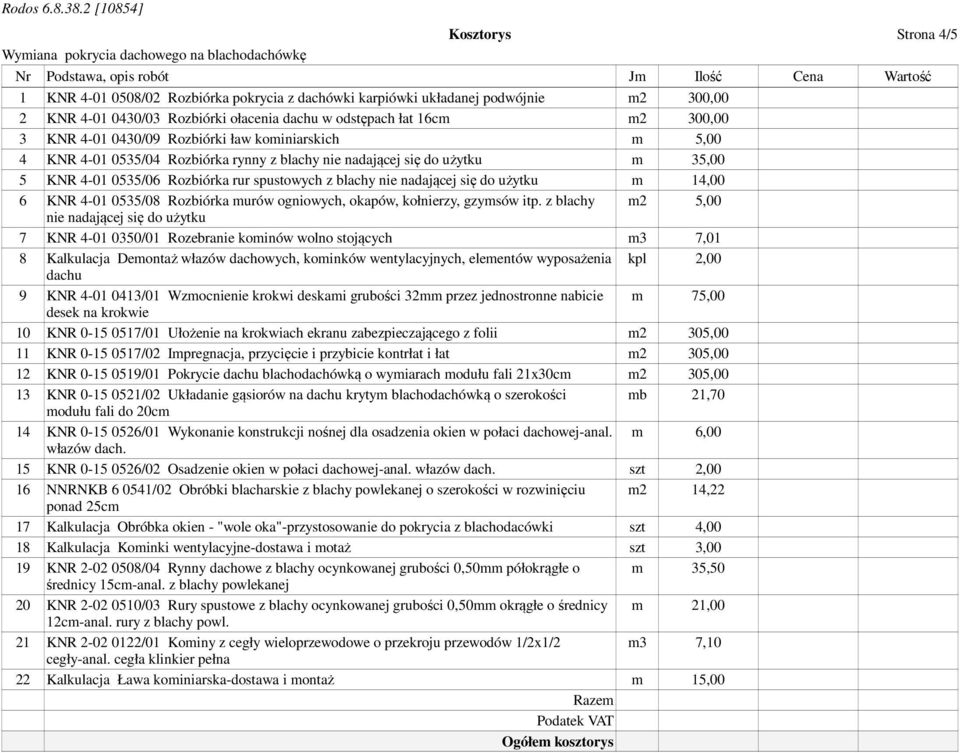 spustowych z blachy nie nadającej się do użytku m 14,00 6 KNR 4-01 0535/08 Rozbiórka murów ogniowych, okapów, kołnierzy, gzymsów itp.