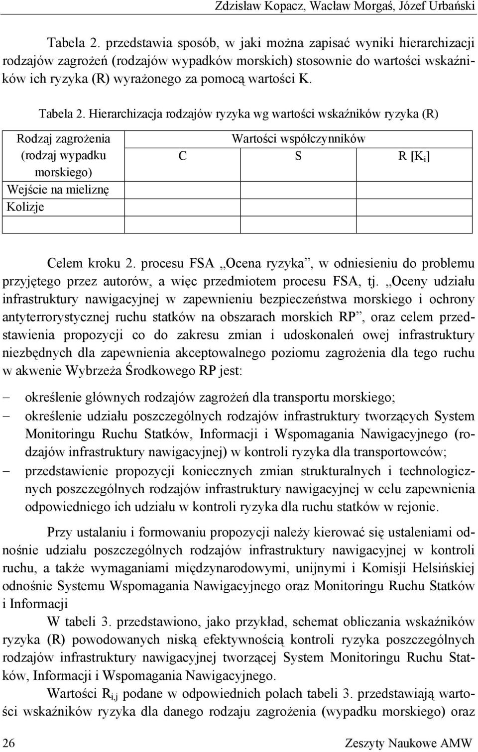 Hierarchizacja rodzajów ryzyka wg wartości wskaźników ryzyka (R) Rodzaj zagrożenia (rodzaj wypadku morskiego) Wejście na mieliznę Kolizje Wartości współczynników C S R [K i ] Celem kroku 2.