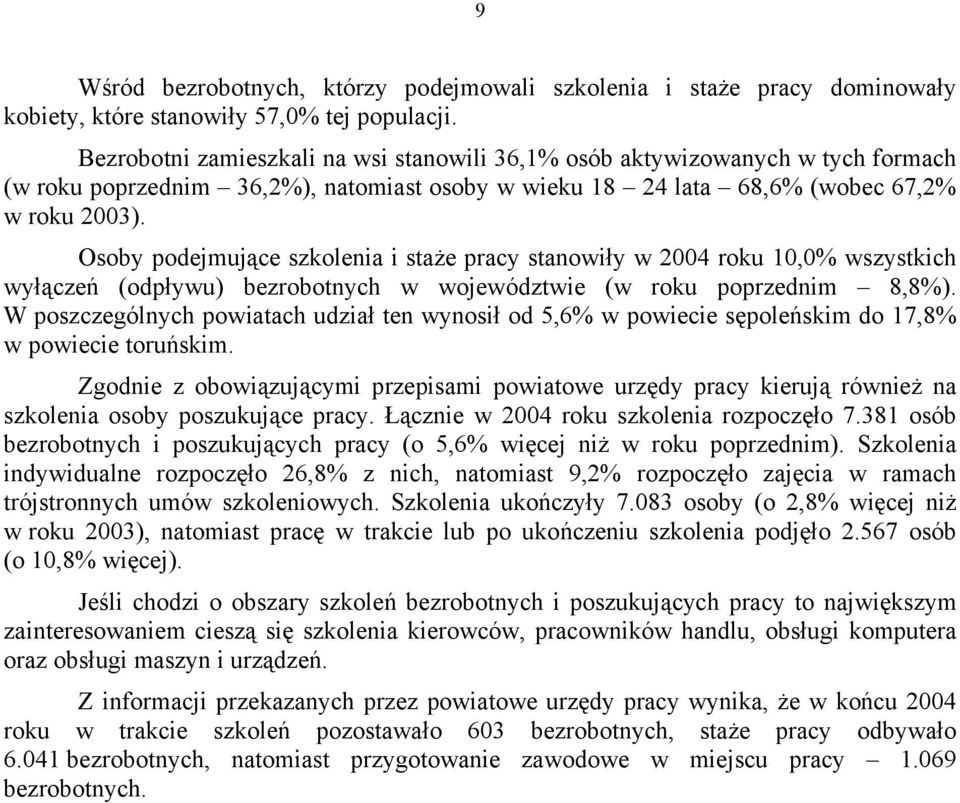 Osoby podejmujące szkolenia i staże pracy stanowiły w 2004 roku 10,0% wszystkich wyłączeń (odpływu) bezrobotnych w województwie (w roku poprzednim 8,8%).