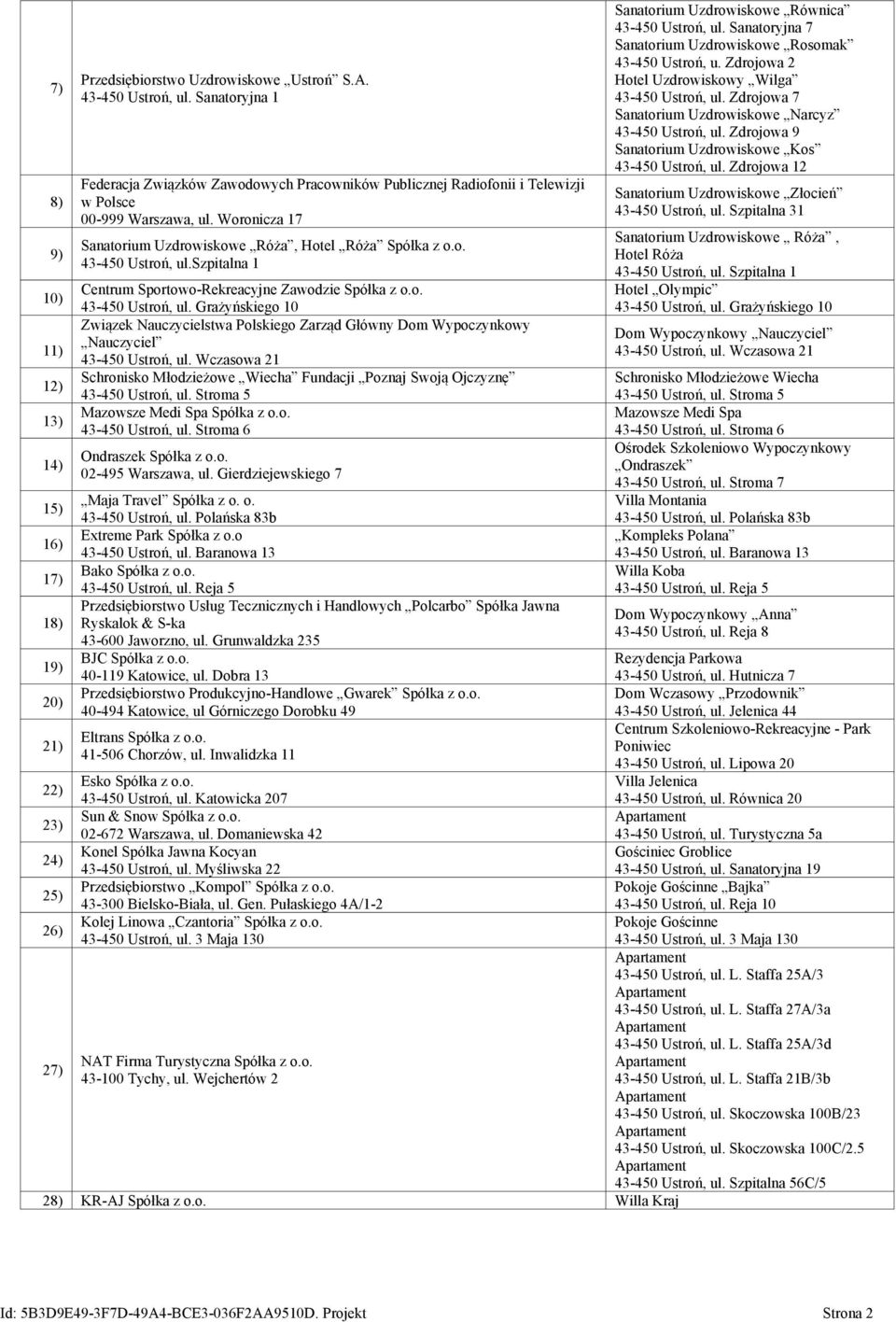 Sanatoryjna 7 Sanatorium Uzdrowiskowe Rosomak 43-450 Ustroń, u. Zdrojowa 2 Hotel Uzdrowiskowy Wilga 43-450 Ustroń, ul. Zdrojowa 7 Sanatorium Uzdrowiskowe Narcyz 43-450 Ustroń, ul.