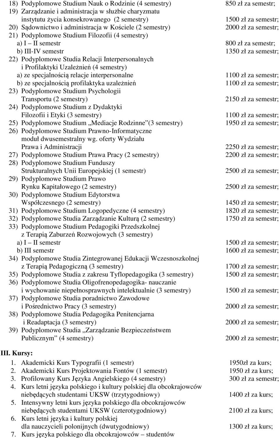 Podyplomowe Studia Relacji Interpersonalnych i Profilaktyki Uzależnień (4 semestry) a) ze specjalnością relacje interpersonalne 1100 zł za semestr; b) ze specjalnością profilaktyka uzależnień 1100 zł