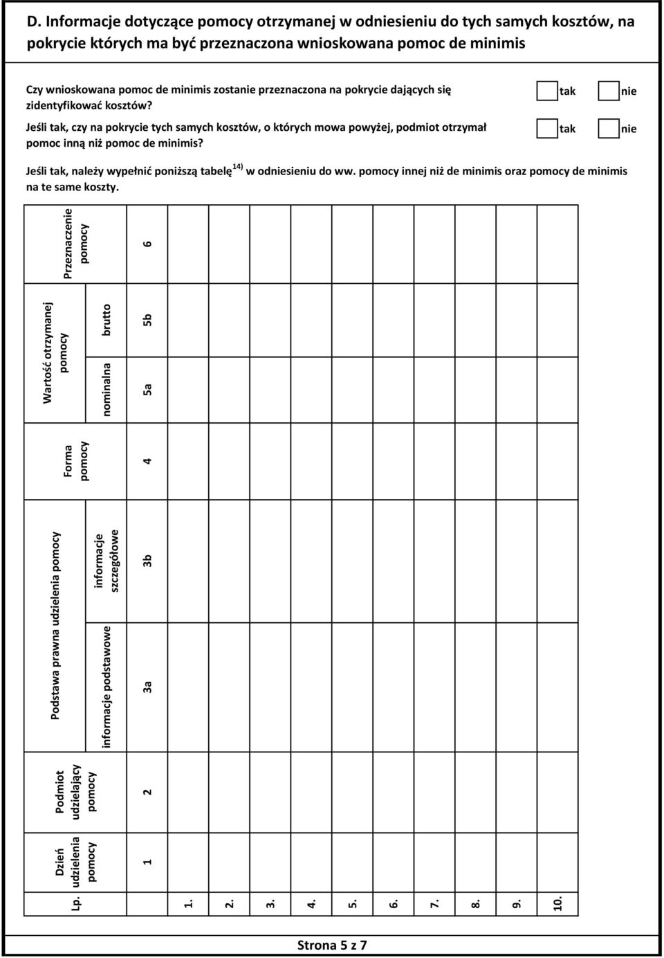 Jeśli, należy wypełnić poniższą tabelę 14) w odsieniu do ww. pomocy innej niż de minimis oraz pomocy de minimis na te same koszty. Lp. 1. 2. 3. 4. 5. 6. 7. 8. 9. 10.