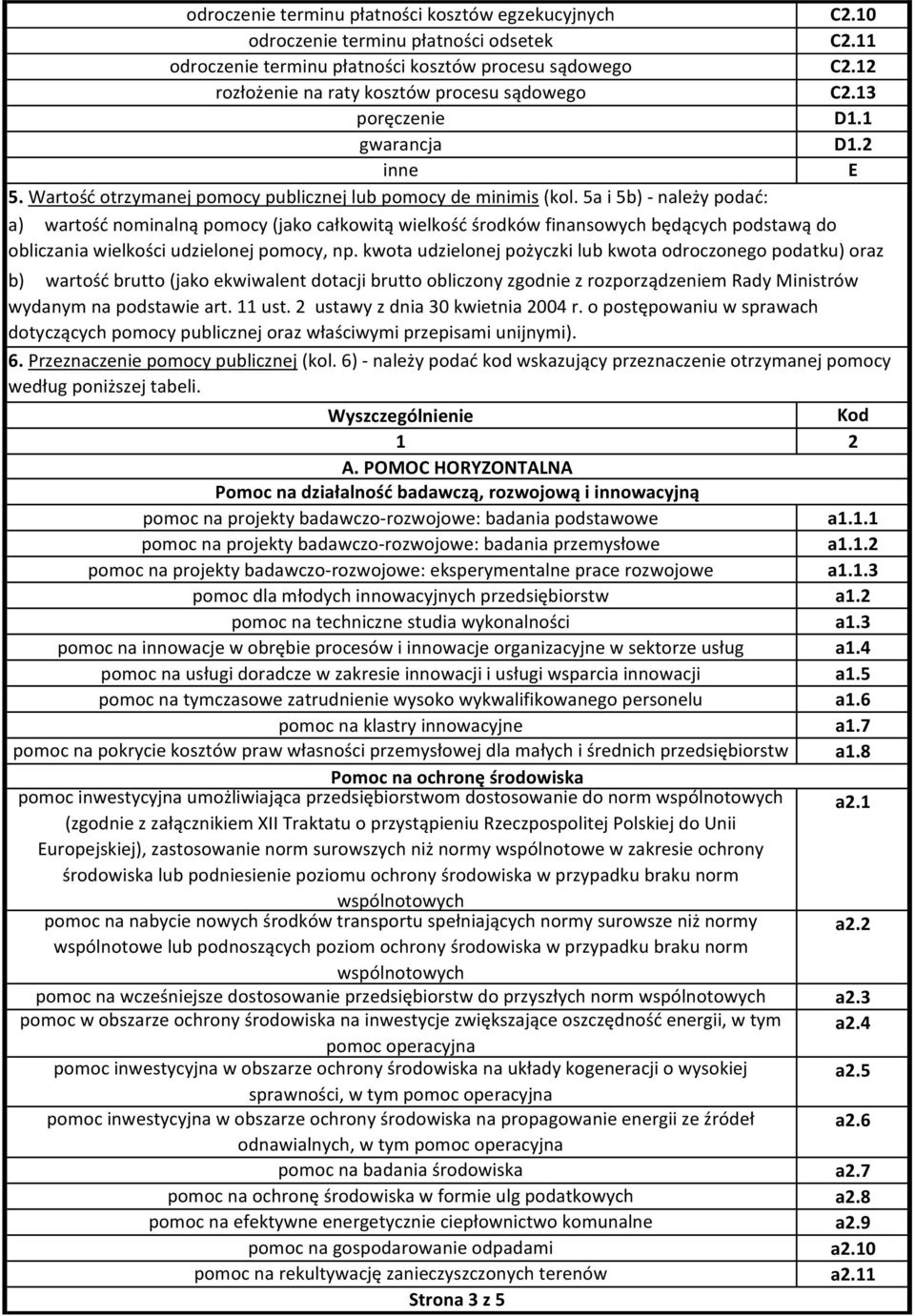 5a i 5b) - należy podać: a) wartość nominalną pomocy (jako całkowitą wielkość środków finansowych będących podstawą do obliczania wielkości udzielonej pomocy, np.