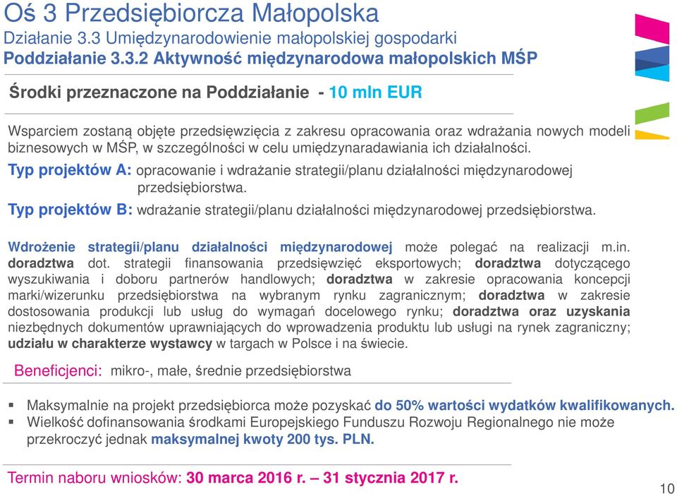 Typ projektów A: opracowanie i wdrażanie strategii/planu działalności międzynarodowej przedsiębiorstwa. Typ projektów B: wdrażanie strategii/planu działalności międzynarodowej przedsiębiorstwa.