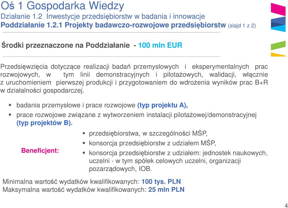 1 Projekty badawczo-rozwojowe przedsiębiorstw (slajd 1 z 2) Środki przeznaczone na Poddziałanie - 100 mln EUR Przedsięwzięcia dotyczące realizacji badań przemysłowych i eksperymentalnych prac