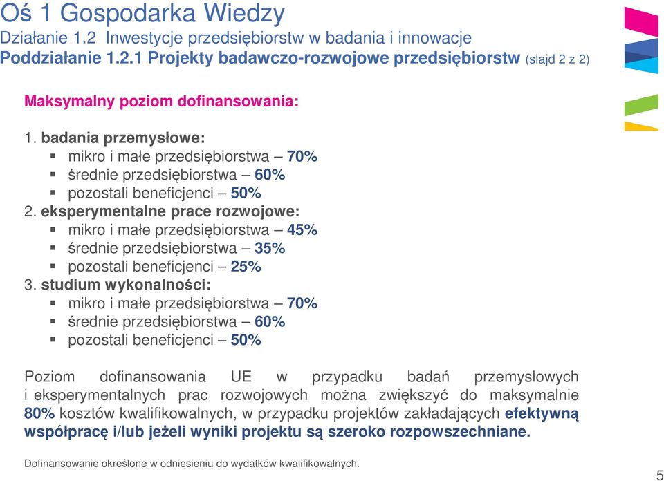 eksperymentalne prace rozwojowe: mikro i małe przedsiębiorstwa 45% średnie przedsiębiorstwa 35% pozostali beneficjenci 25% 3.