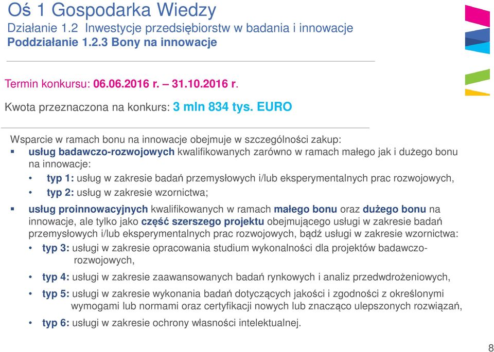 badań przemysłowych i/lub eksperymentalnych prac rozwojowych, typ 2: usług w zakresie wzornictwa; usług proinnowacyjnych kwalifikowanych w ramach małego bonu oraz dużego bonu na innowacje, ale tylko