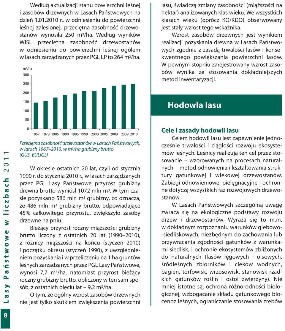 Według wyników WISL przeciętna zasobność drzewostanów w odniesieniu do powierzchni leśnej ogółem w lasach zarządzanych przez PGL LP to 264 m 3 /ha.