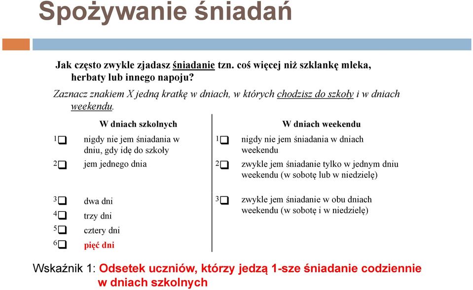 1 W dniach szkolnych nigdy nie jem śniadania w dniu, gdy idę do szkoły ł 1 2 jem jednego dnia 2 W dniach weekendu nigdy nie jem śniadania w dniach weekendu