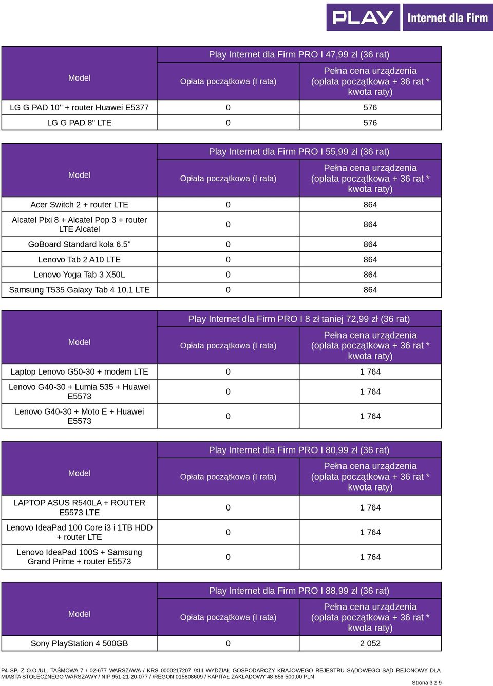 1 LTE 0 864 Play Internet dla Firm PRO I 8 zł taniej 72,99 zł (36 rat) Laptop Lenovo G50-30 + modem LTE Lenovo G40-30 + Lumia 535 + Huawei Lenovo G40-30 + Moto E + Huawei LAPTOP ASUS R540LA + ROUTER