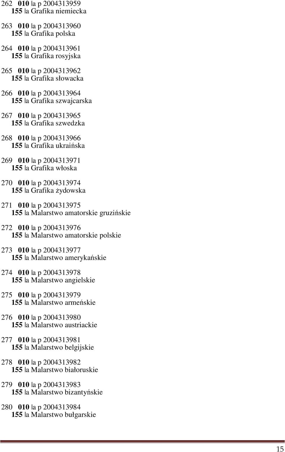 155 a Grafika żydowska 271 010 a p 2004313975 155 a Malarstwo amatorskie gruzińskie 272 010 a p 2004313976 155 a Malarstwo amatorskie polskie 273 010 a p 2004313977 155 a Malarstwo amerykańskie 274