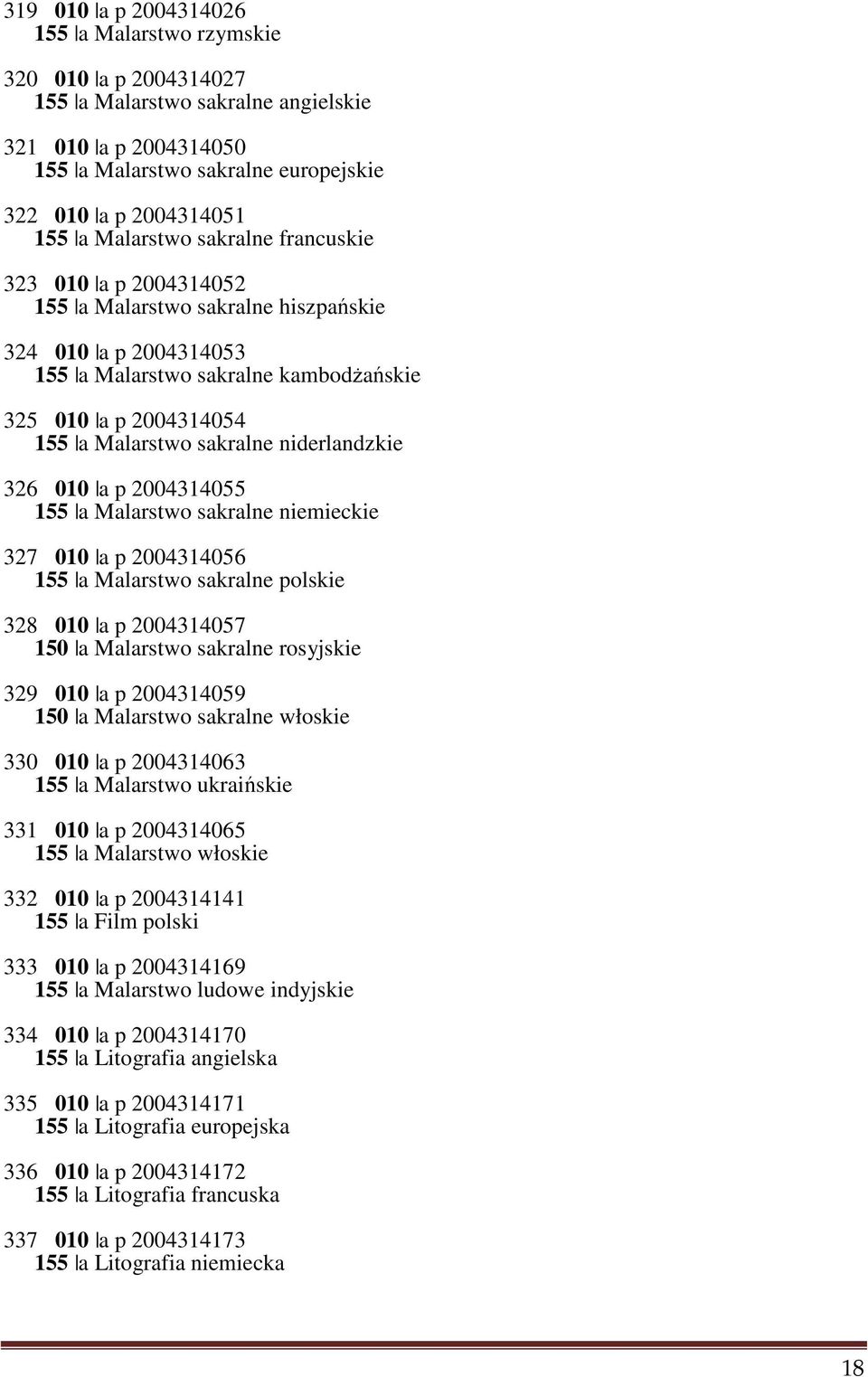 niderlandzkie 326 010 a p 2004314055 155 a Malarstwo sakralne niemieckie 327 010 a p 2004314056 155 a Malarstwo sakralne polskie 328 010 a p 2004314057 150 a Malarstwo sakralne rosyjskie 329 010 a p