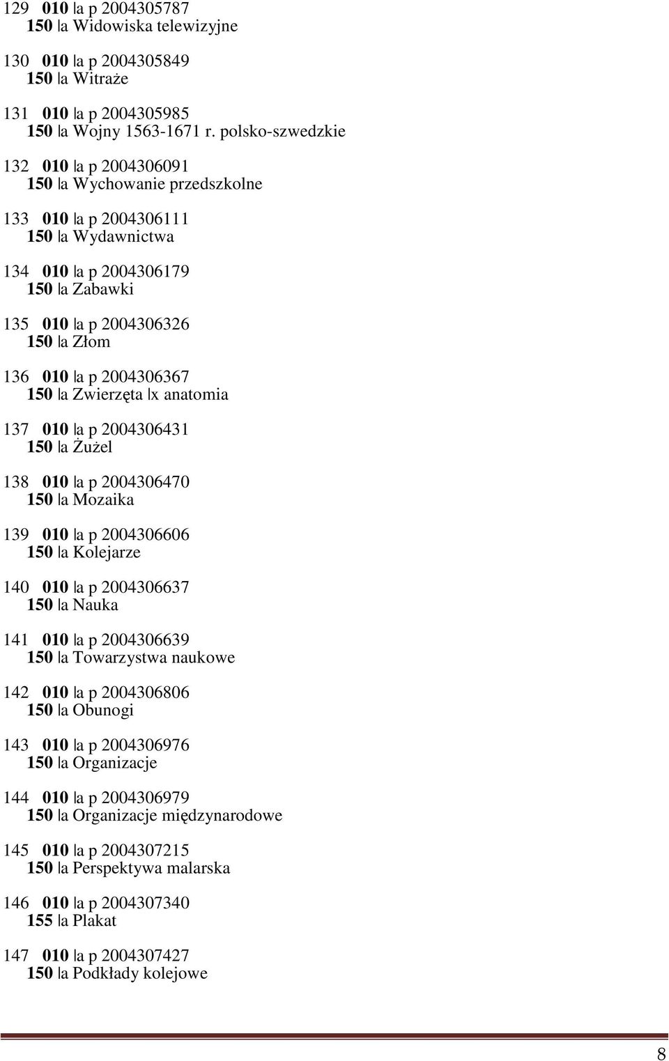 2004306367 150 a Zwierzęta x anatomia 137 010 a p 2004306431 150 a Żużel 138 010 a p 2004306470 150 a Mozaika 139 010 a p 2004306606 150 a Kolejarze 140 010 a p 2004306637 150 a Nauka 141 010 a p