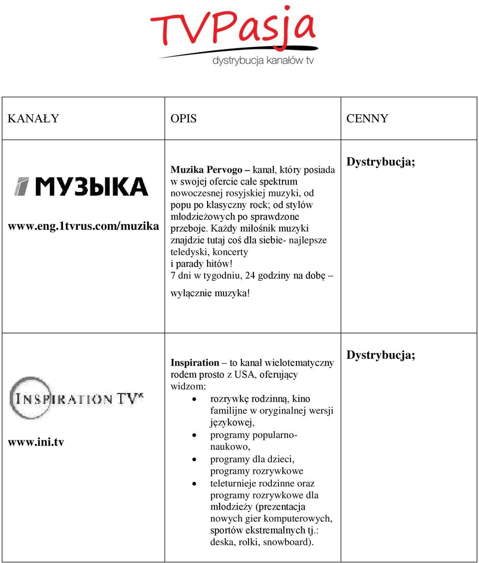 przeboje. Każdy miłośnik muzyki znajdzie tutaj coś dla siebie- najlepsze teledyski, koncerty i parady hitów! 7 dni w tygodniu, 24 godziny na dobę wyłącznie muzyka! www.ini.