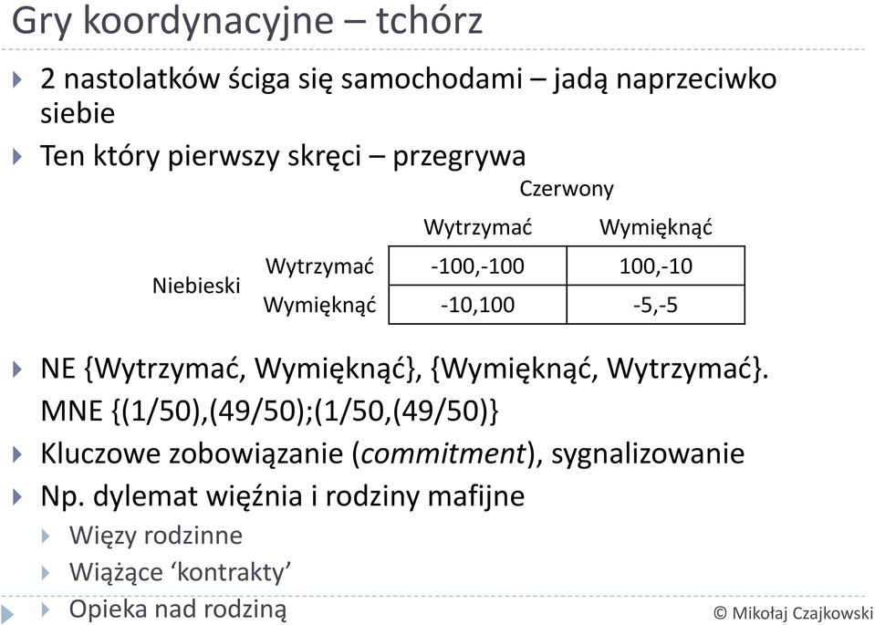 MNE {(1/50),(49/50);(1/50,(49/50)} Kluczowe zobowiązanie (commitment), sygnalizowanie Np.