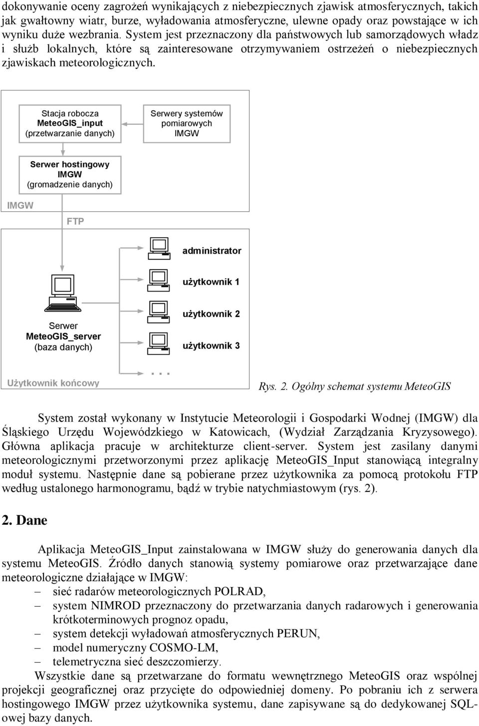 Stacja robocza MeteoGIS_input (przetwarzanie danych) Serwery systemów pomiarowych IMGW Serwer hostingowy IMGW (gromadzenie danych) IMGW FTP administrator użytkownik 1 Serwer MeteoGIS_server (baza