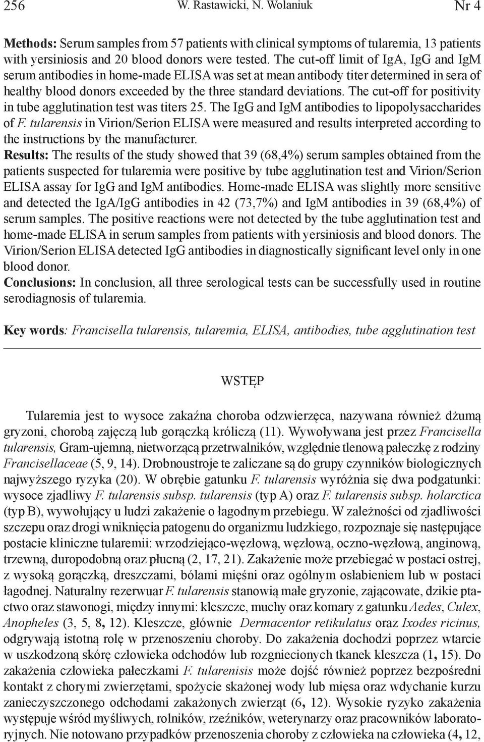 The cutoff for positivity in tube agglutination test was titers 25. The IgG and IgM antibodies to lipopolysaccharides of F.