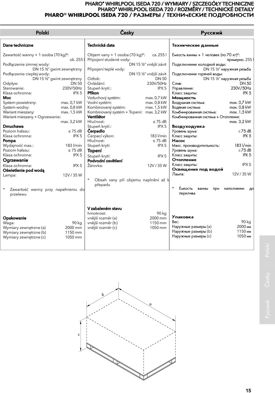 255 l Podłączenie zimnej wody: DN 5 2 gwint zewnętrzny Podłączenie ciepłej wody: DN 5 2 gwint zewnętrzny Odpływ: DN 50 Sterowanie: 230V/50Hz Klasa ochronna: IPX 5 Moc System powietrzny: max.