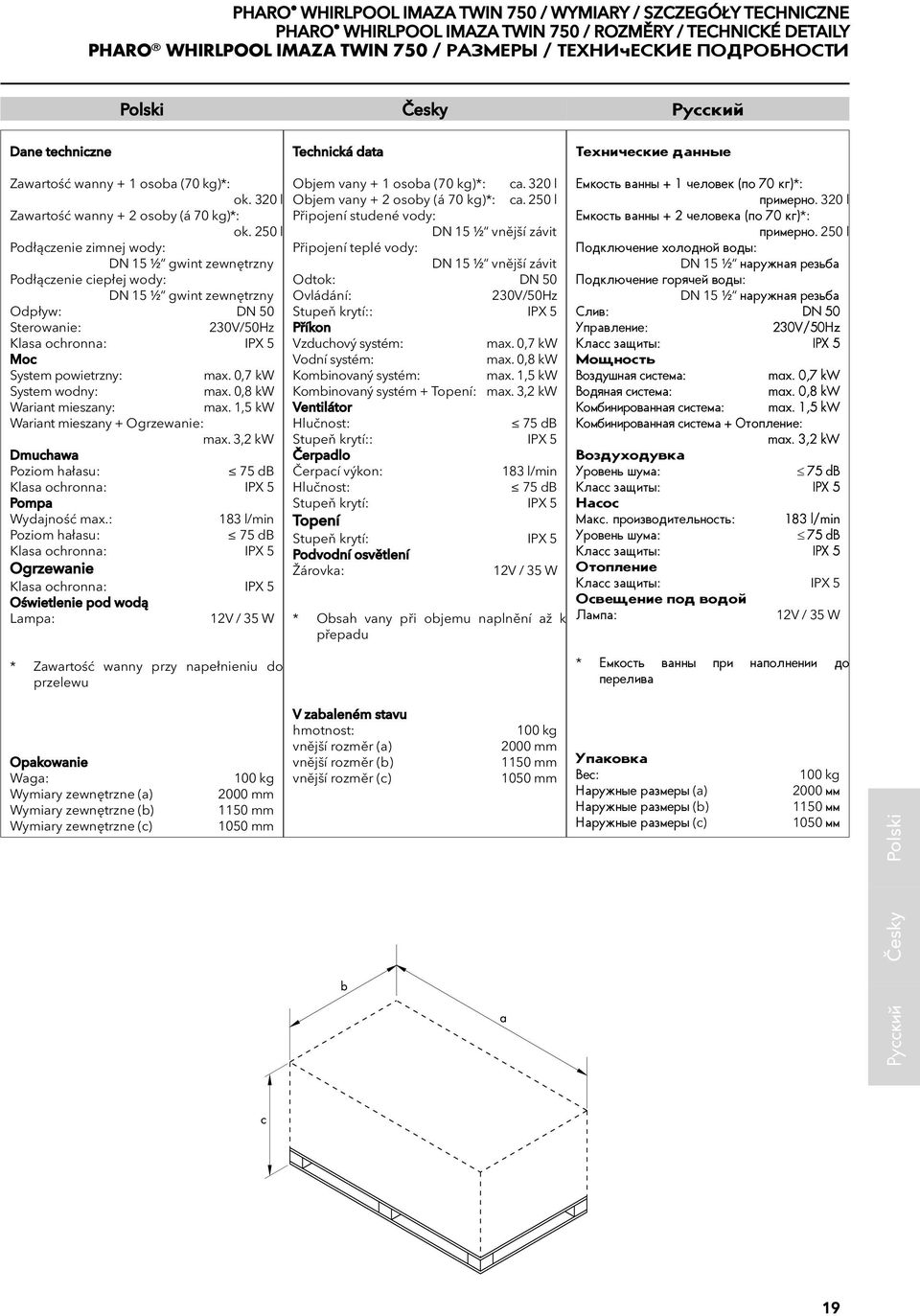 250 l Podłączenie zimnej wody: DN 5 2 gwint zewnętrzny Podłączenie ciepłej wody: DN 5 2 gwint zewnętrzny Odpływ: DN 50 Sterowanie: 230V/50Hz Klasa ochronna: IPX 5 Moc System powietrzny: max.