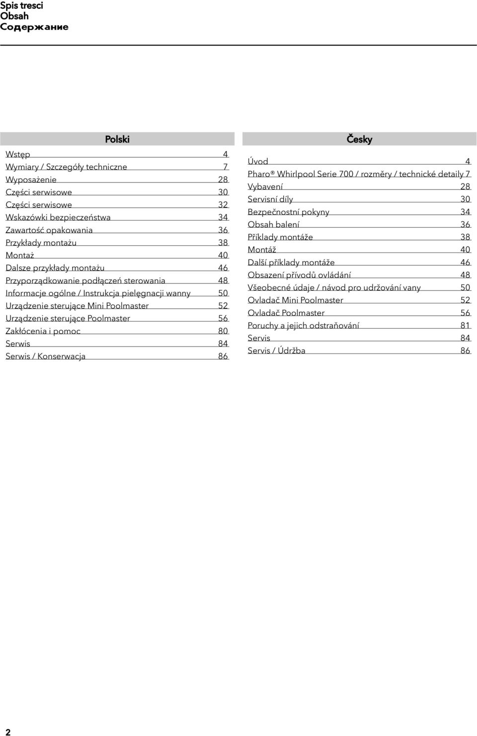 Poolmaster 56 Zakłócenia i pomoc 80 Serwis 84 Serwis / Konserwacja 86 Úvod 4 Pharo Whirlpool Serie 700 / rozměry / technické detaily 7 Vybavení 28 Servisní díly 30 Bezpečnostní pokyny 34 Obsah balení