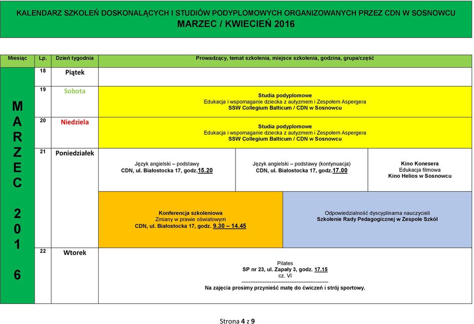 espołem spergera SSW ollegium Balticum / DN w Sosnowcu Wtorek Konferencja szkoleniowa miany w prawie oświatowym DN, ul. Białostocka 7, godz. 9.