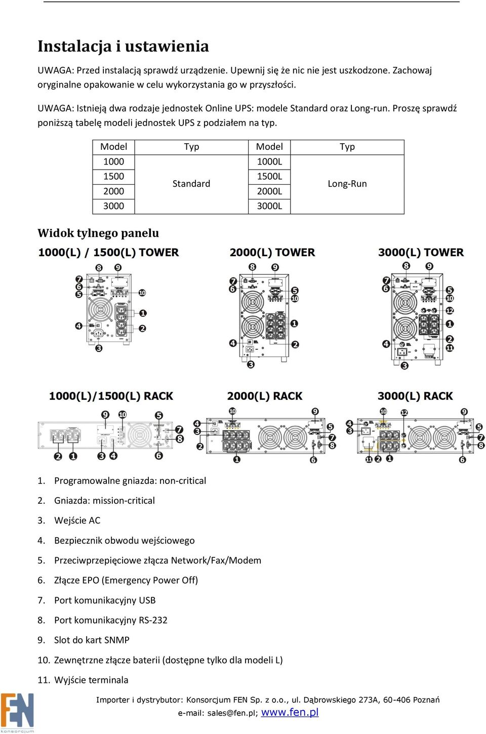 Model Typ Model Typ 1000 Widok tylnego panelu 1000L 1500 1500L Standard 2000 2000L 3000 3000L Long-Run 1. Programowalne gniazda: non-critical 2. Gniazda: mission-critical 3. Wejście AC 4.