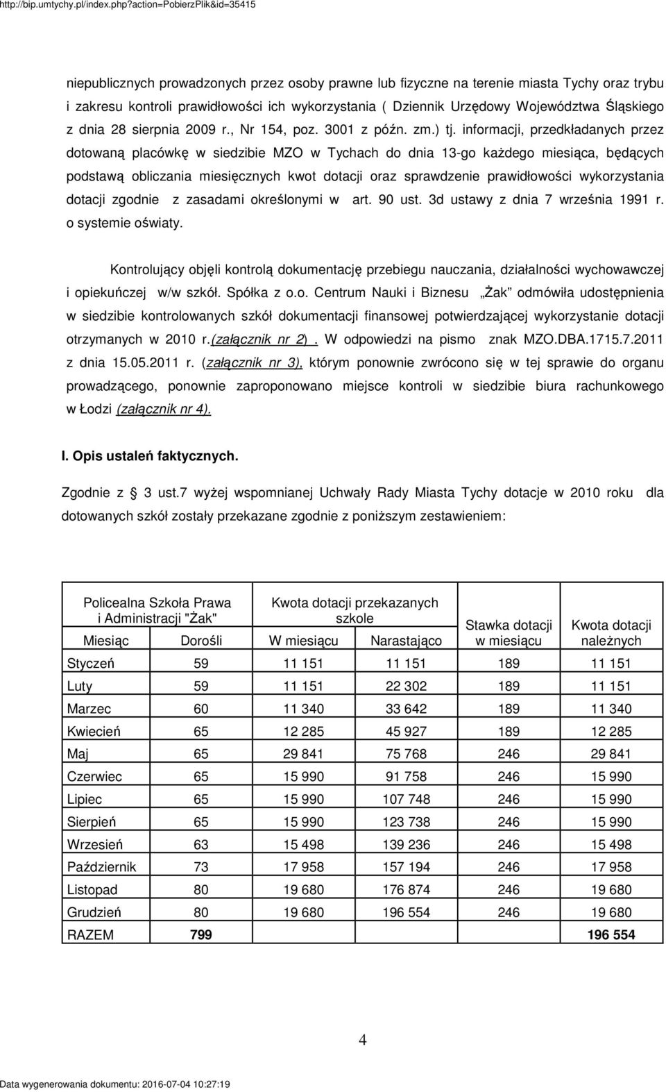 informacji, przedkładanych przez dotowaną placówkę w siedzibie MZO w Tychach do dnia 13-go kaŝdego miesiąca, będących podstawą obliczania miesięcznych kwot dotacji oraz sprawdzenie prawidłowości