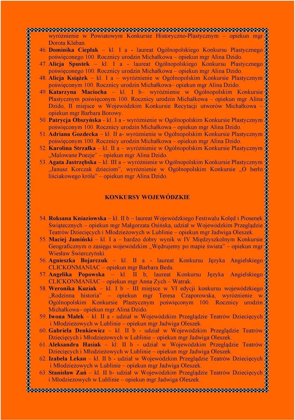 49. Katarzyna Maciocha kl. I b wyróżnienie w Ogólnopolskim Konkursie Plastycznym poświęconym 100.