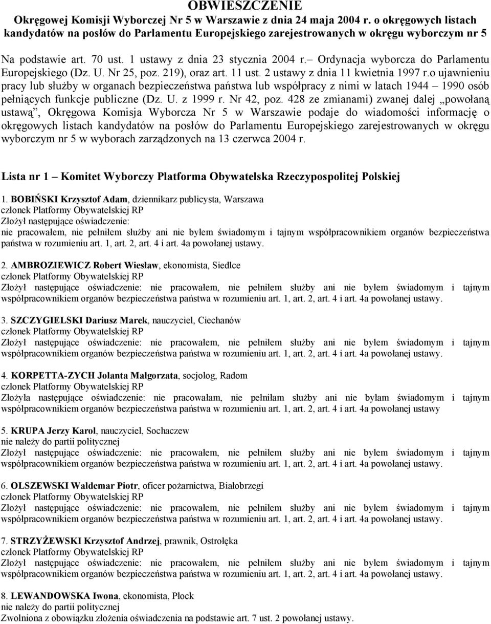 Ordynacja wyborcza do Parlamentu Europejskiego (Dz. U. Nr 25, poz. 219), oraz art. 11 ust. 2 ustawy z dnia 11 kwietnia 1997 r.