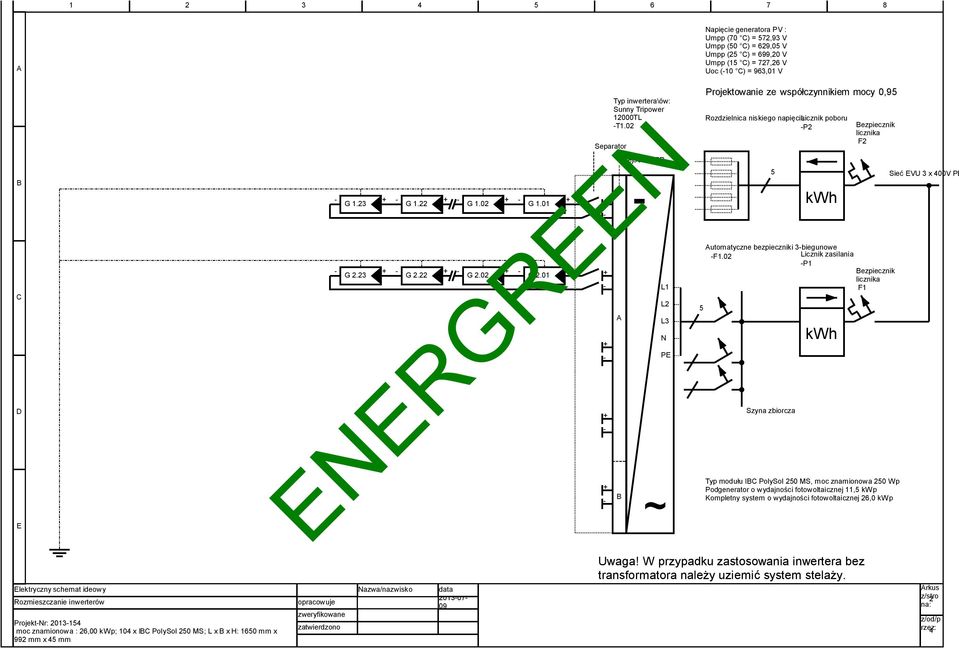 02 Wejście MPP L1 L2 L3 N PE ~ 5 Napięcie generatora PV : Umpp (70 C) = 572,93 V Umpp (50 C) = 629,05 V Umpp (25 C) = 699,20 V Umpp (15 C) = 727,26 V Uoc (10 C) = 963,01 V Projektowanie ze