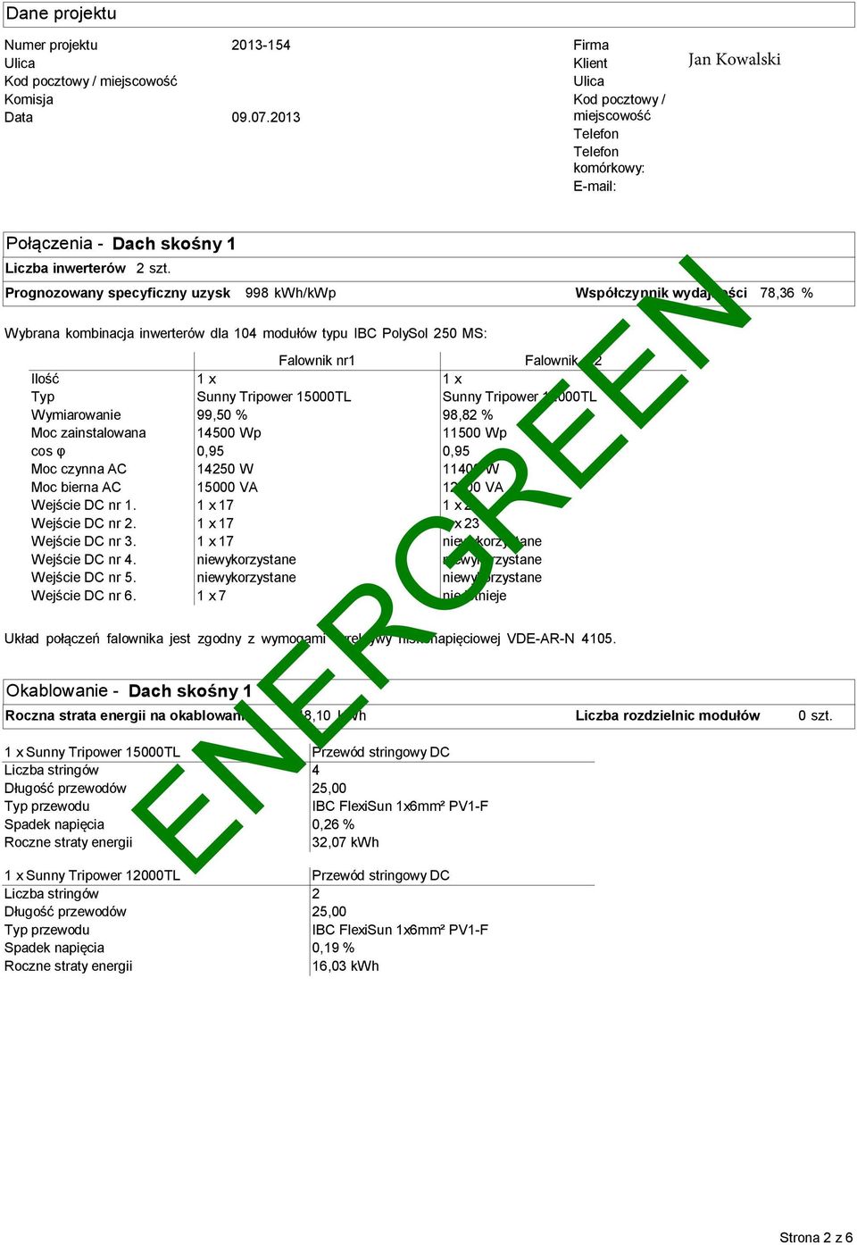 Prognozowany specyficzny uzysk 998 kwh/kwp Współczynnik wydajności 78,36 % Wybrana kombinacja inwerterów dla 104 modułów typu IC PolySol 250 MS: Ilość Typ Wymiarowanie Moc zainstalowana cos φ Moc