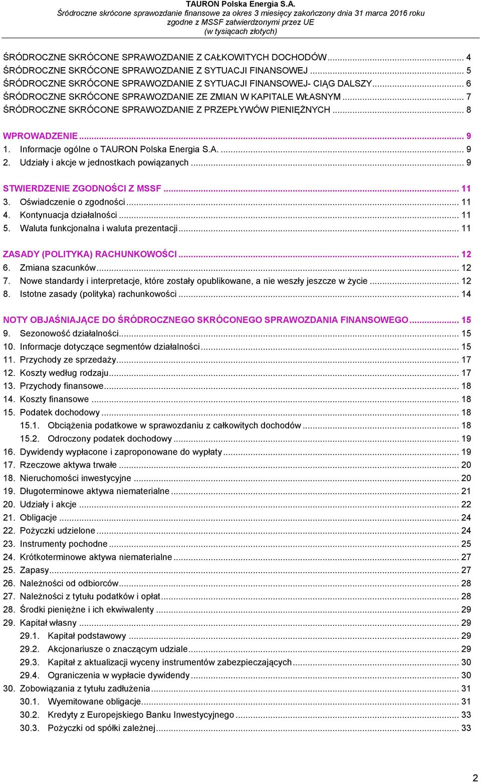 A.... 9 2. Udziały i akcje w jednostkach powiązanych... 9 STWIERDZENIE ZGODNOŚCI Z MSSF... 11 3. Oświadczenie o zgodności... 11 4. Kontynuacja działalności... 11 5.