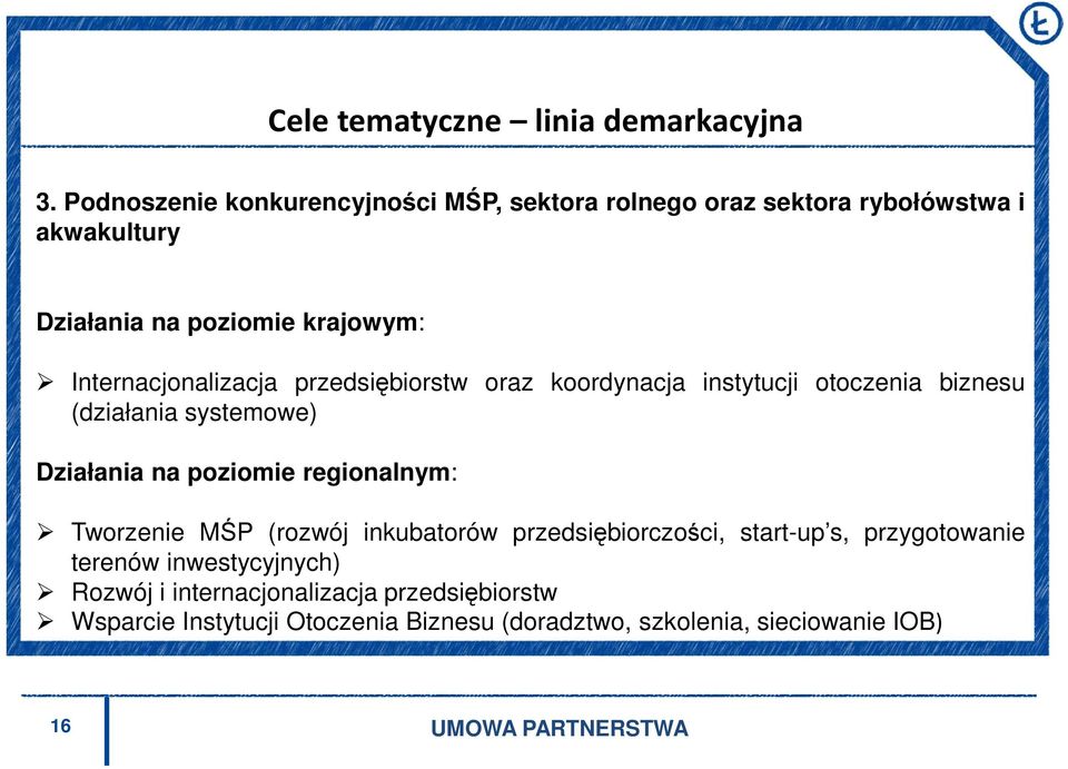 Internacjonalizacja przedsiębiorstw oraz koordynacja instytucji otoczenia biznesu (działania systemowe) Działania na poziomie