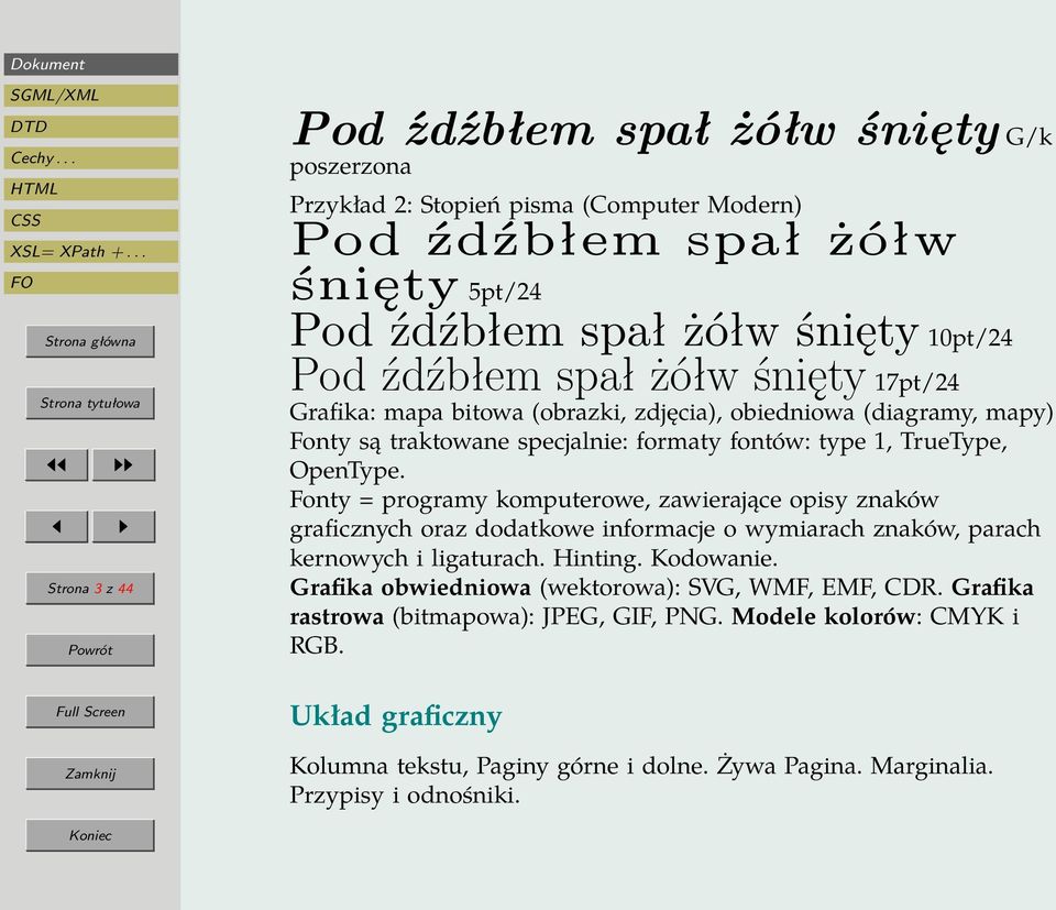 Fonty = programy komputerowe, zawierające opisy znaków graficznych oraz dodatkowe informacje o wymiarach znaków, parach kernowych i ligaturach. Hinting. Kodowanie.