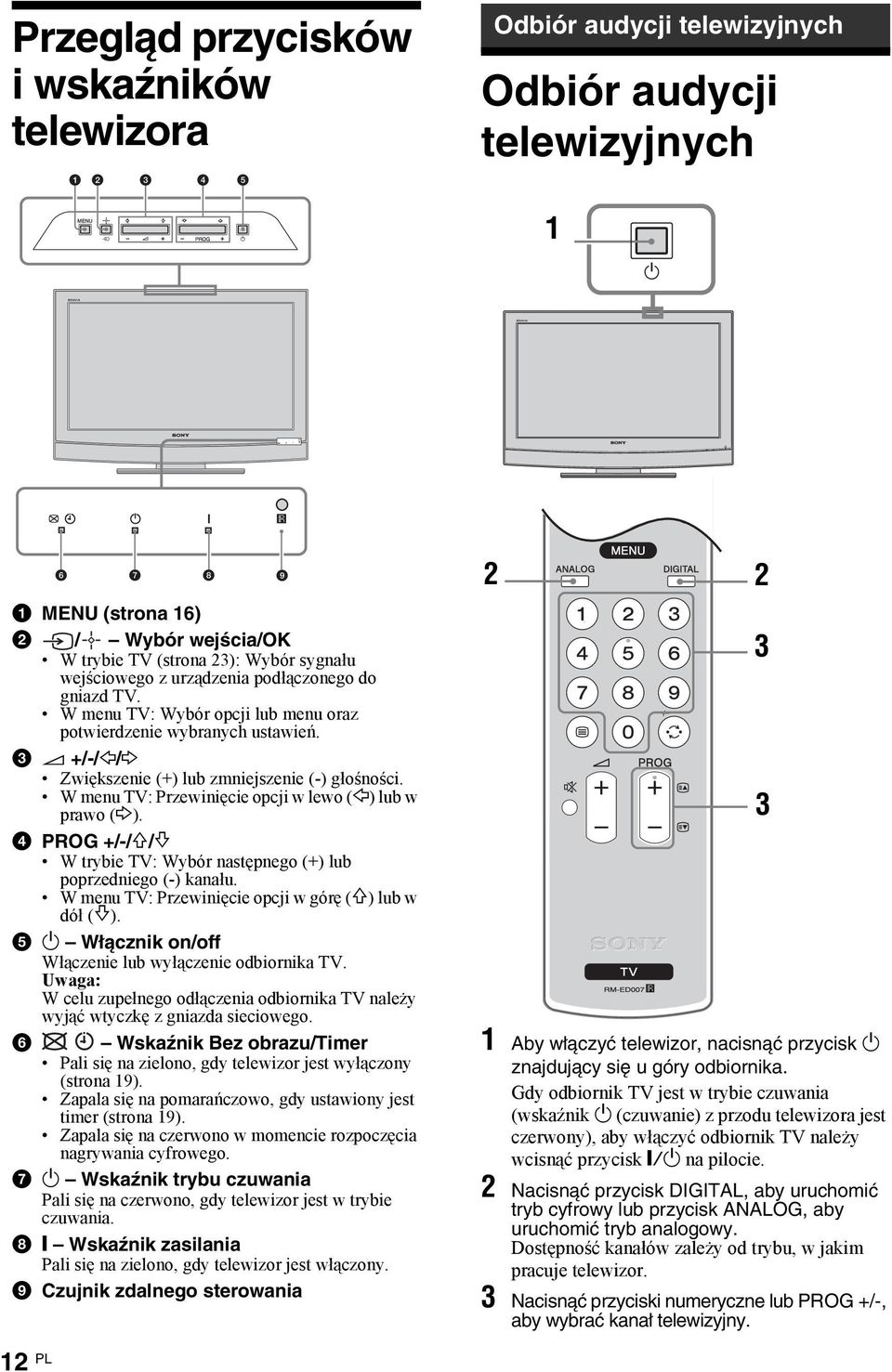W menu TV: Przewinięcie opcji w lewo (G) lub w prawo (g). 4 PROG +/-/F/f W trybie TV: Wybór następnego (+) lub poprzedniego (-) kanału. W menu TV: Przewinięcie opcji w górę (F) lub w dół (f).