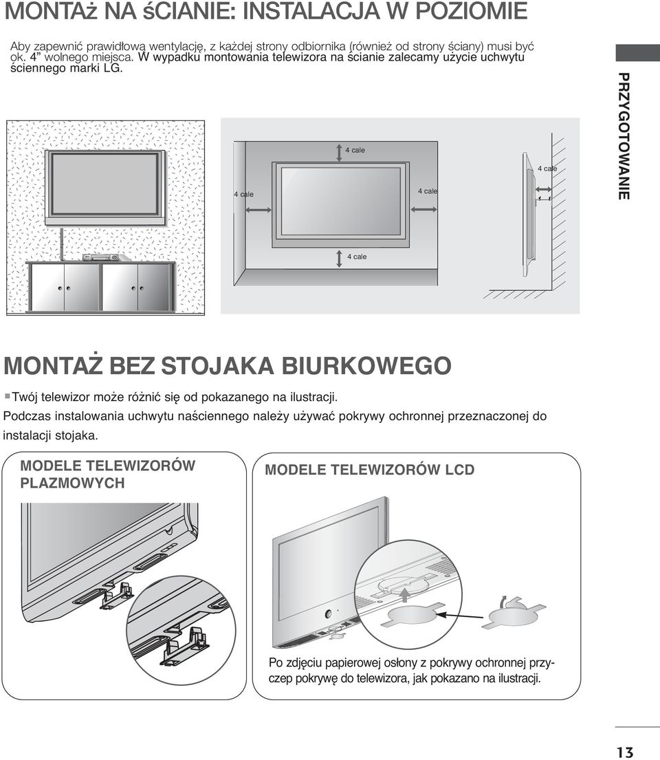 4 cale 4 cale 4 cale 4 cale PRZYGOTOWANI 4 cale MONTAŻ BZ STOJAKA BIURKOWGO Twój telewizor może różnić się od pokazanego na ilustracji.