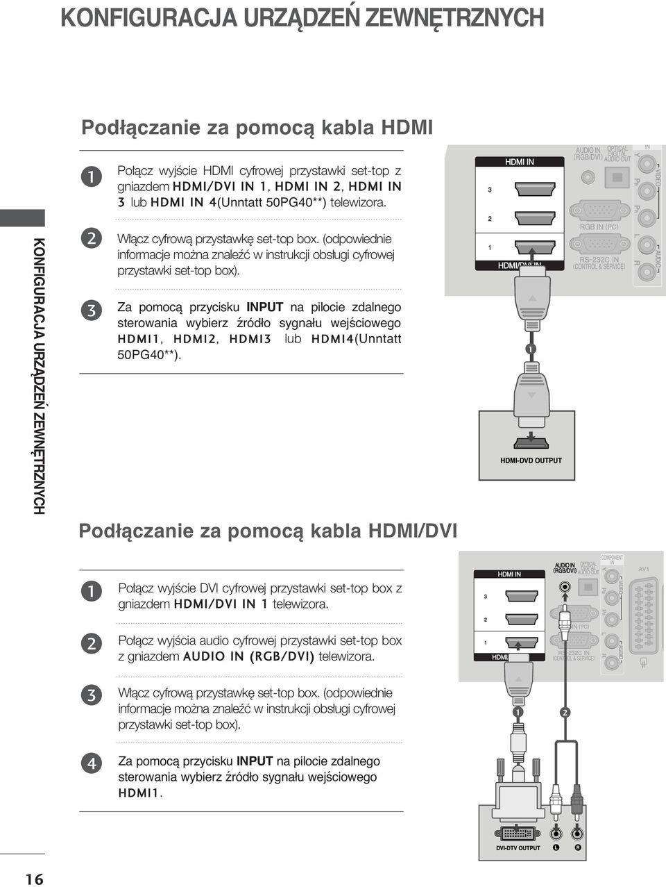 Za pomocą przycisku INPUT na pilocie zdalnego sterowania wybierz źródło sygnału wejściowego HDMI, HDMI, HDMI lub HDMI4(Unntatt 50PG40**).