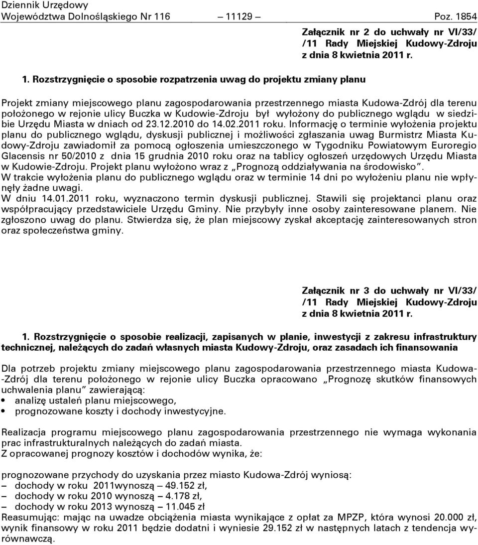 terenu położonego w rejonie ulicy Buczka w Kudowie-Zdroju był wyłożony do publicznego wglądu w siedzibie Urzędu Miasta w dniach od 23.12.2010 do 14.02.2011 roku.