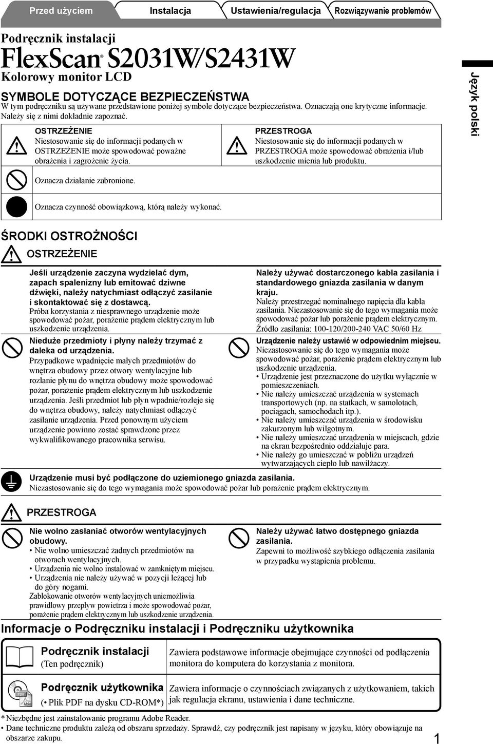 PRZESTROGA Niestosowanie się do informacji podanych w PRZESTROGA może spowodować obrażenia i/lub uszkodzenie mienia lub produktu. Oznacza działanie zabronione.