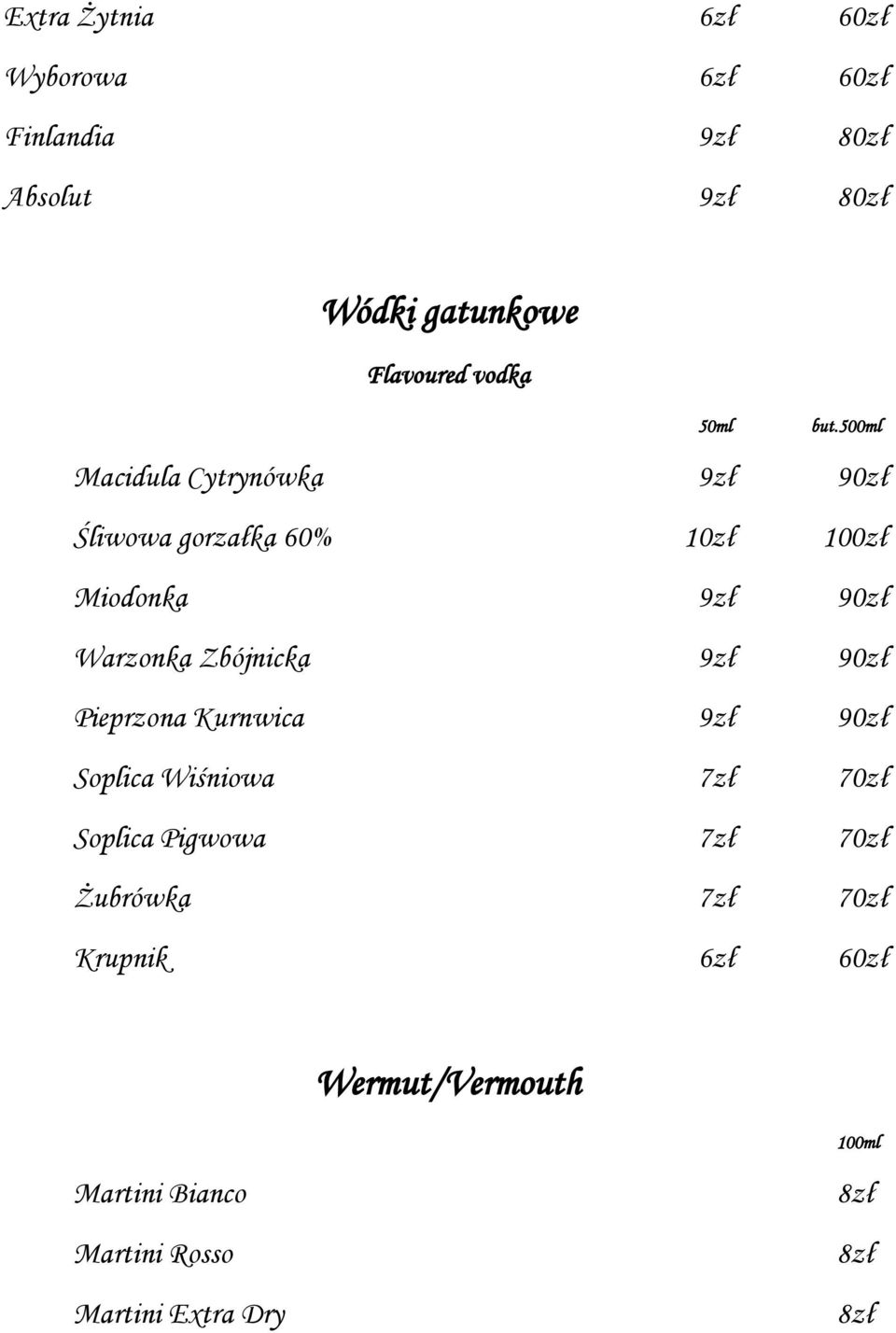 500ml Macidula Cytrynówka 9zł 90zł Śliwowa gorzałka 60% 100zł Miodonka 9zł 90zł Warzonka Zbójnicka