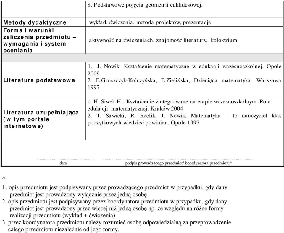 portale internetowe) 1. J. Nowik, Kszta cenie matematyczne w edukacji wczesnoszkolnej. Opole 2009 2. E.Gruszczyk-Kolczy ska, E.Zieli ska, Dzieci ca matematyka. Warszawa 1997 1. H. Siwek H.