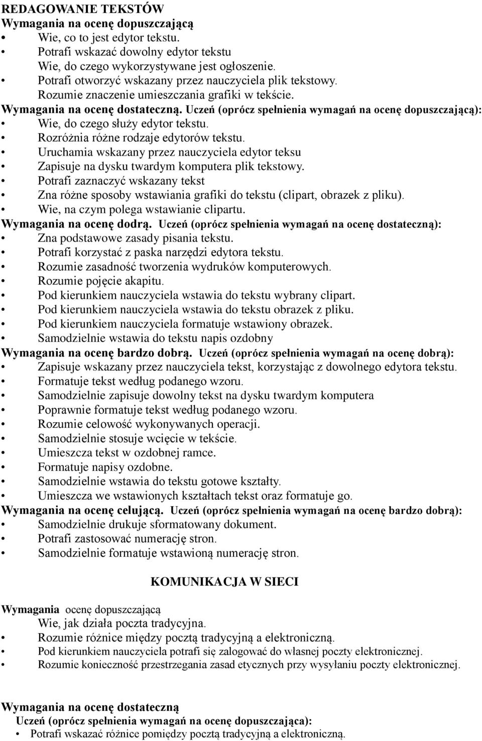 . Uczeń (oprócz spełnienia wymagań na ocenę dopuszczającą): Wie, do czego służy edytor tekstu. Rozróżnia różne rodzaje edytorów tekstu.