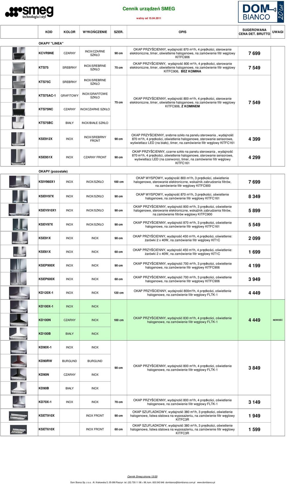 /SREBRNE SZKŁO KTS75AC-1 /GRAFITOWE SZKŁO KTS75NC SZKŁO 75 cm OKAP PRZYŚCIENNY, wydajność 800 m³/h, 4 prędkości, sterowanie elektroniczne, timer, oświetlenie halogenowe, na zamówienie filtr węglowy