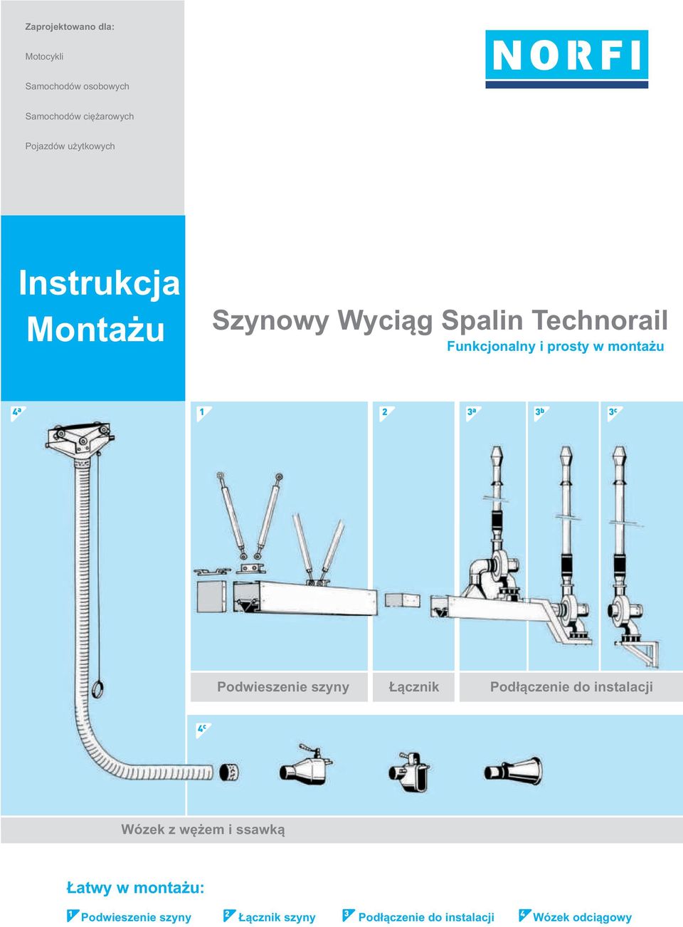 montażu Podwieszenie szyny Łącznik Podłączenie do instalacji Wózek z wężem i ssawką