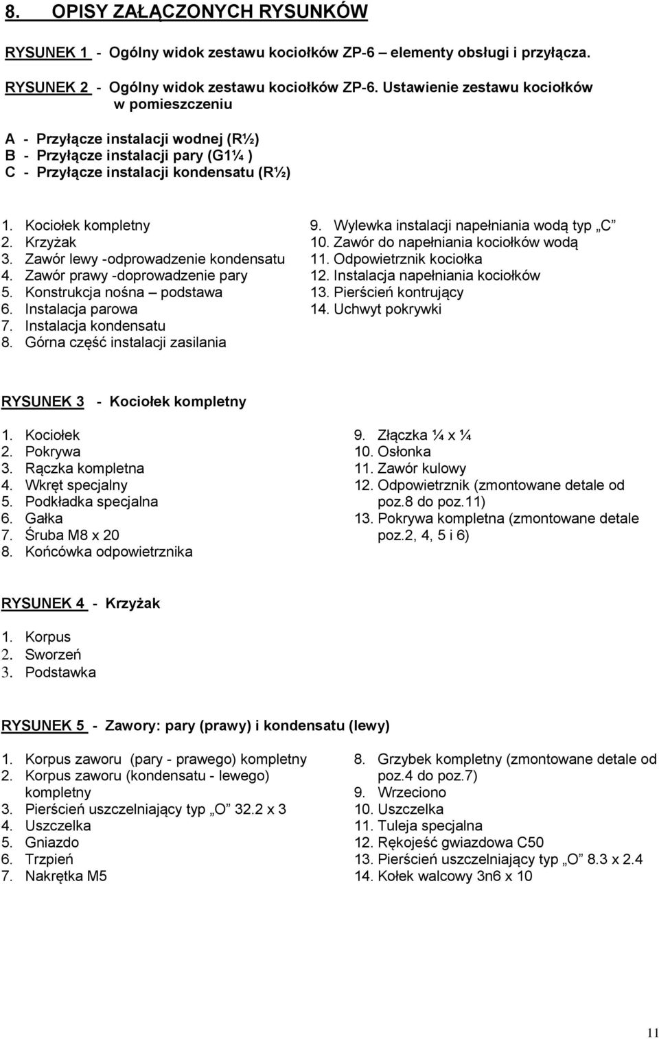 Zawór lewy -odprowadzenie kondensatu 4. Zawór prawy -doprowadzenie pary 5. Konstrukcja nośna podstawa 6. Instalacja parowa 7. Instalacja kondensatu 8. Górna część instalacji zasilania 9.