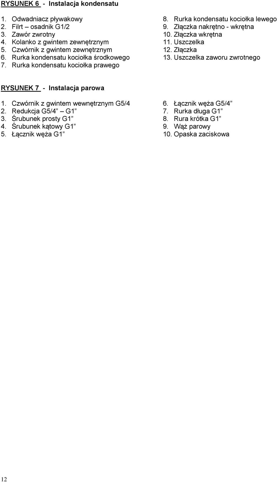 Złączka nakrętno - wkrętna 10. Złączka wkrętna 11. Uszczelka 12. Złączka 13. Uszczelka zaworu zwrotnego RYSUNEK 7 - Instalacja parowa 1.